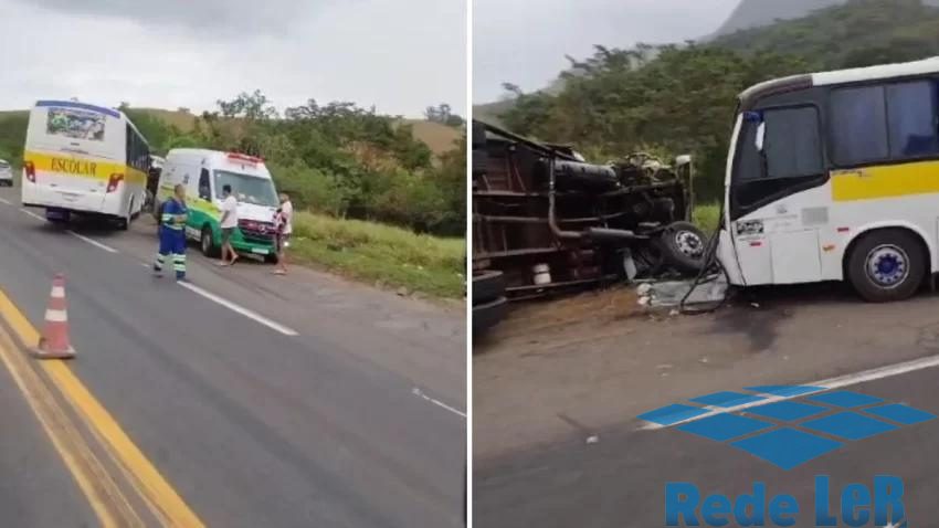 Leia mais sobre o artigo Caminhão colide com ônibus escolar na BR-101 em Anchieta, deixando sete feridos