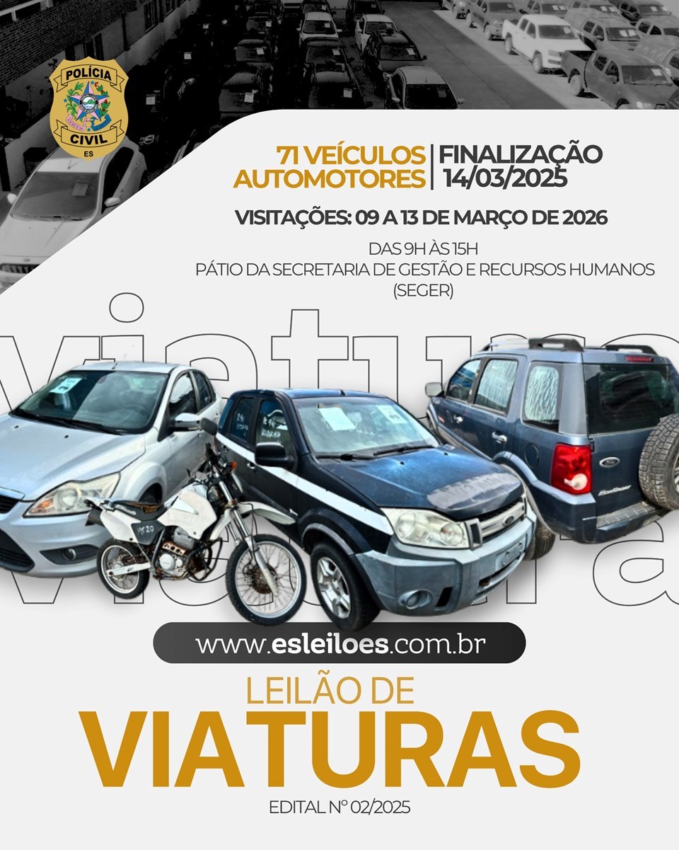 Leia mais sobre o artigo Polícia Civil do Espírito Santo publica edital para o 1º Leilão de Viaturas de 2026